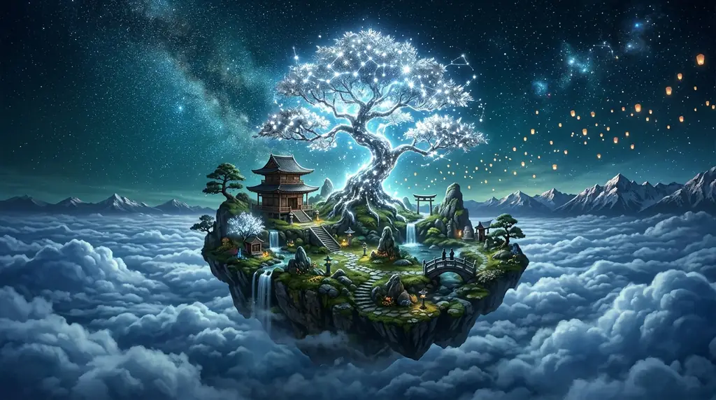 Serene floating island with glowing bonsai